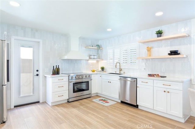 kitchen featuring premium range hood, sink, white cabinetry, tasteful backsplash, and stainless steel appliances