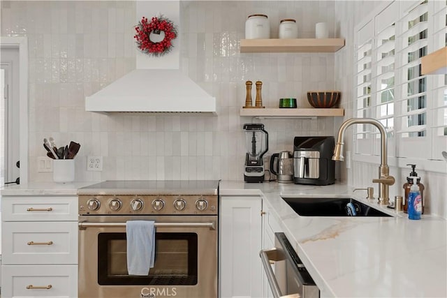 16261 Angler Ln, Huntington Beach, CA 92647 - kitchen featuring tasteful backsplash, stainless steel appliances, open shelves, and a sink