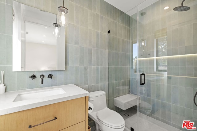 bathroom with tile walls, vanity, a shower with door, and toilet