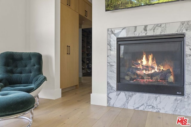 living area with a fireplace and light hardwood / wood-style flooring