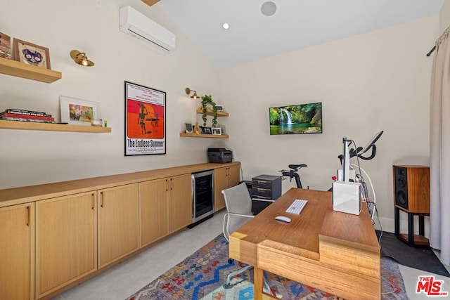 office space featuring wine cooler, a wall mounted air conditioner, and vaulted ceiling