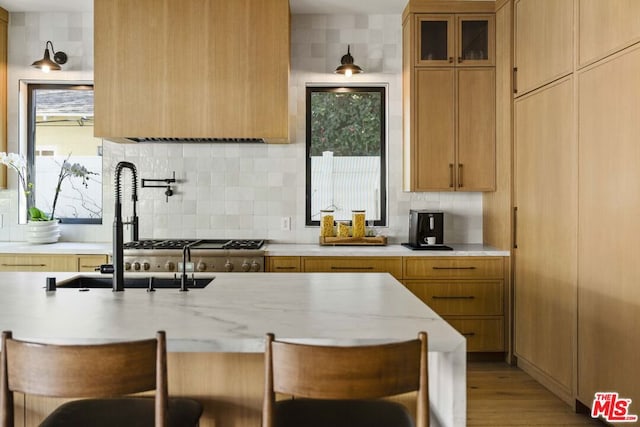 kitchen with backsplash, a kitchen breakfast bar, and a healthy amount of sunlight