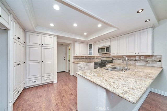 kitchen featuring sink, white cabinetry, stainless steel appliances, kitchen peninsula, and a raised ceiling