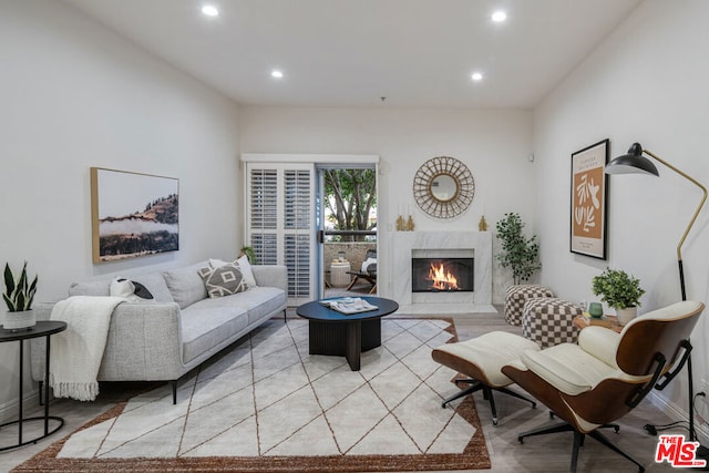 living room featuring a premium fireplace