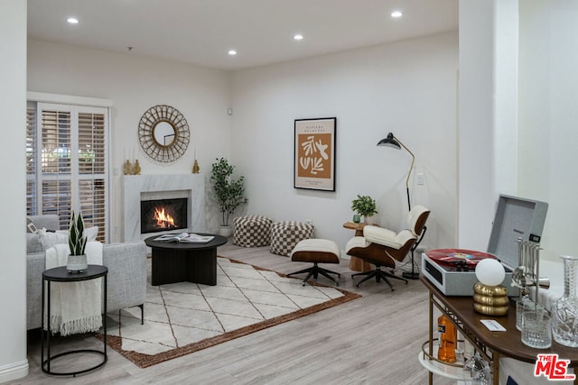 living room with a premium fireplace and light hardwood / wood-style floors