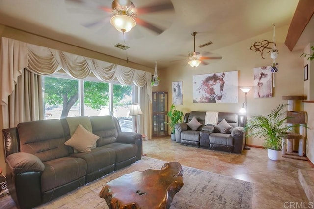 living room featuring vaulted ceiling and ceiling fan