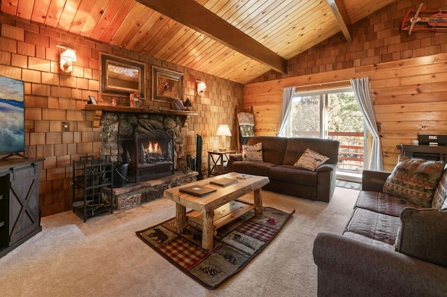 living room featuring light colored carpet, a stone fireplace, lofted ceiling with beams, and wooden ceiling