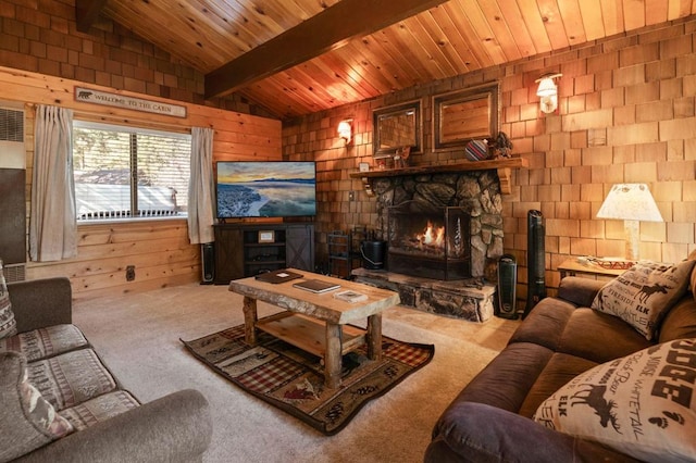 living room with lofted ceiling with beams, carpet flooring, wooden ceiling, and wood walls