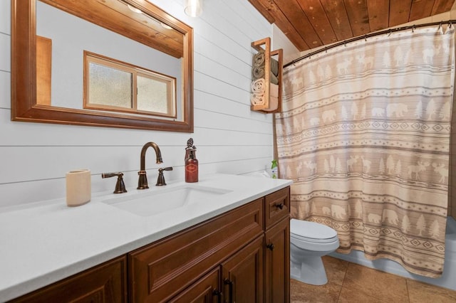 bathroom featuring wood walls, vanity, wood ceiling, toilet, and a shower with shower curtain