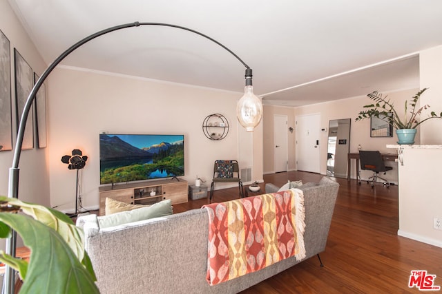 living room featuring crown molding and dark hardwood / wood-style floors