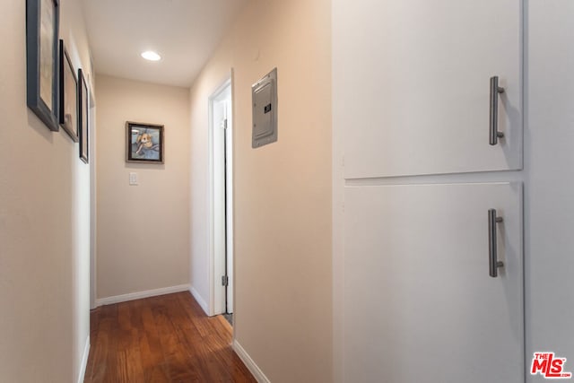 hallway with dark hardwood / wood-style flooring and electric panel