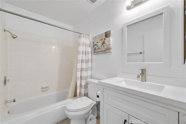 full bathroom with vanity, toilet, and shower / bath combo with shower curtain