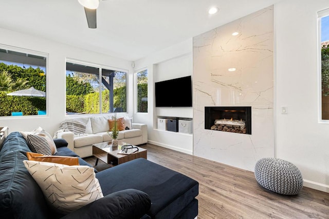 living room with hardwood / wood-style flooring, a premium fireplace, and ceiling fan