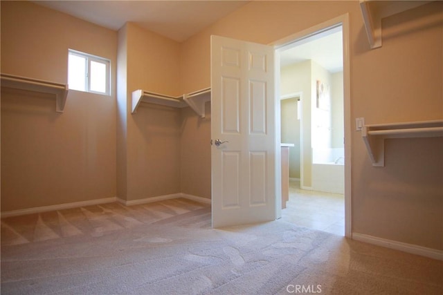 walk in closet featuring light carpet