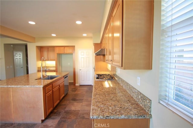 kitchen featuring sink, appliances with stainless steel finishes, plenty of natural light, light stone countertops, and a kitchen island with sink