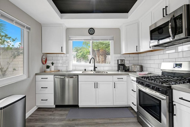 kitchen featuring sink, appliances with stainless steel finishes, dark hardwood / wood-style floors, tasteful backsplash, and white cabinets