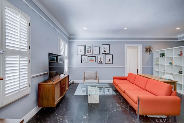 living room with crown molding