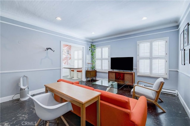 living room featuring a baseboard heating unit, crown molding, and a healthy amount of sunlight