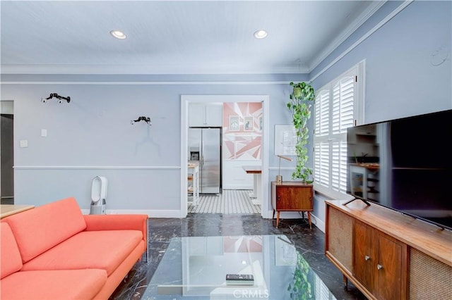 living room featuring crown molding