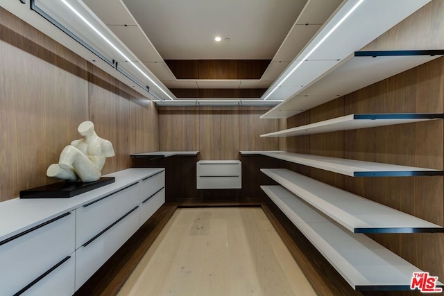 walk in closet with light hardwood / wood-style floors