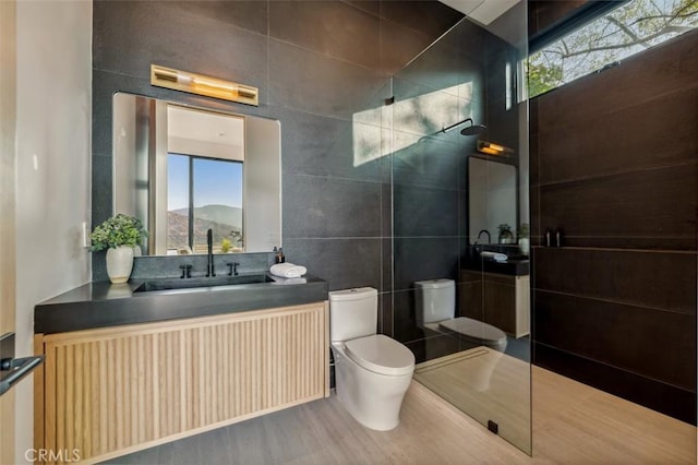 bathroom with toilet, a shower, tile walls, vanity, and a mountain view