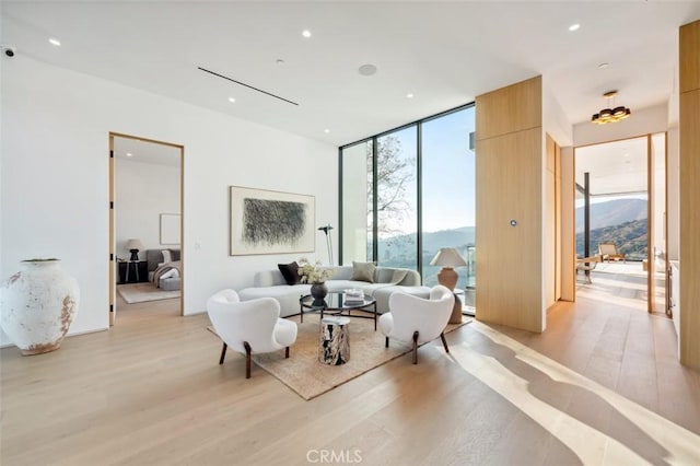 living room with a mountain view, a wall of windows, and light hardwood / wood-style floors