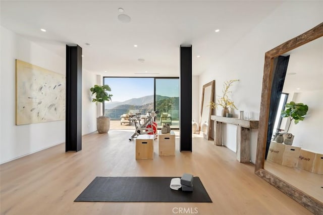 exercise area with a mountain view, light hardwood / wood-style flooring, and expansive windows