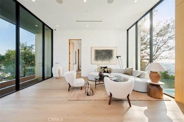 sitting room featuring a wall of windows and light wood-type flooring