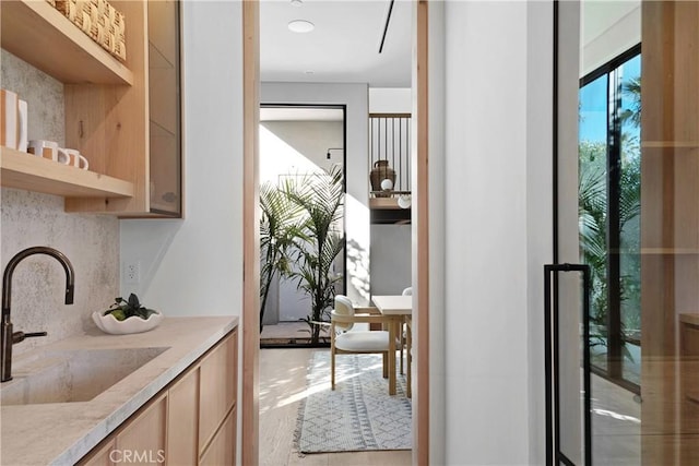 interior space with sink, decorative backsplash, and light brown cabinets