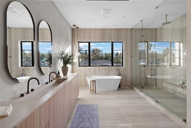 bathroom featuring vanity and separate shower and tub