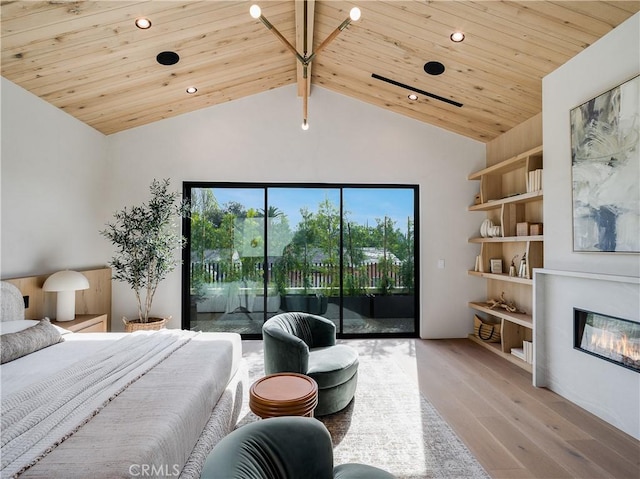 bedroom with high vaulted ceiling, access to exterior, wood ceiling, and light hardwood / wood-style floors