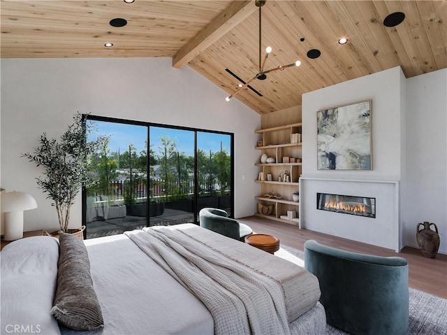 bedroom with wood ceiling, high vaulted ceiling, access to outside, beam ceiling, and hardwood / wood-style floors