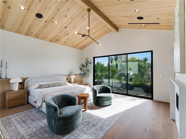 bedroom with access to exterior, beam ceiling, wooden ceiling, and light wood-type flooring