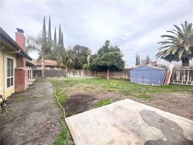 view of yard with a shed and a patio area