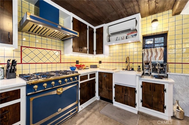 kitchen featuring sink, range, ventilation hood, wooden ceiling, and an AC wall unit