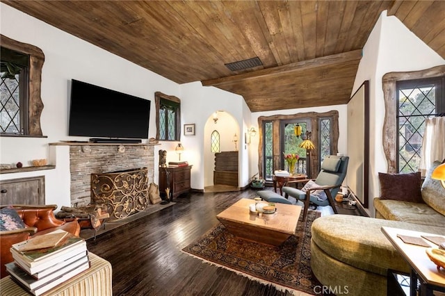 living room with vaulted ceiling, wooden ceiling, and dark hardwood / wood-style flooring