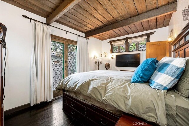 bedroom featuring multiple windows, dark hardwood / wood-style flooring, wooden ceiling, and beam ceiling