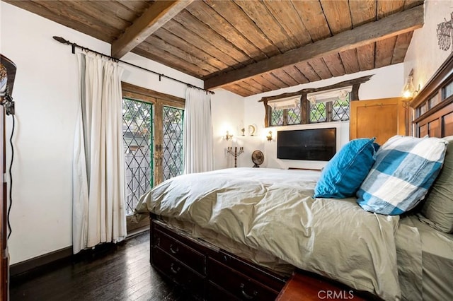 bedroom featuring multiple windows, wood ceiling, beam ceiling, and dark wood-type flooring