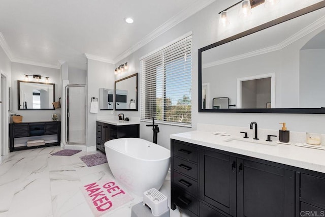 bathroom with vanity, crown molding, and separate shower and tub