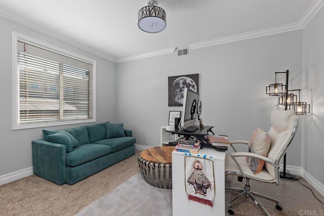 office with ornamental molding and carpet flooring