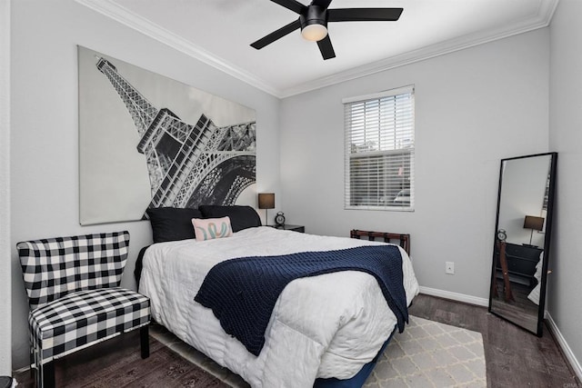 bedroom featuring crown molding, wood-type flooring, and ceiling fan