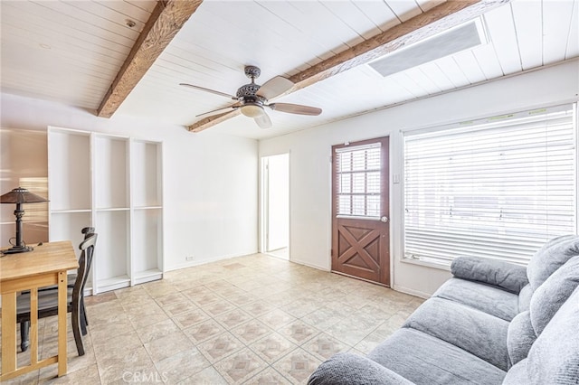 living room with ceiling fan, wood ceiling, and beam ceiling