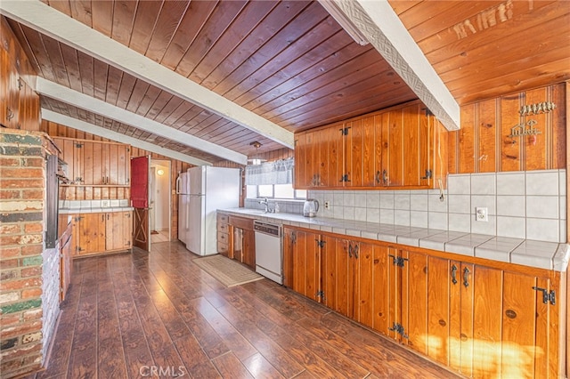 kitchen with tile countertops, sink, backsplash, wood ceiling, and white appliances