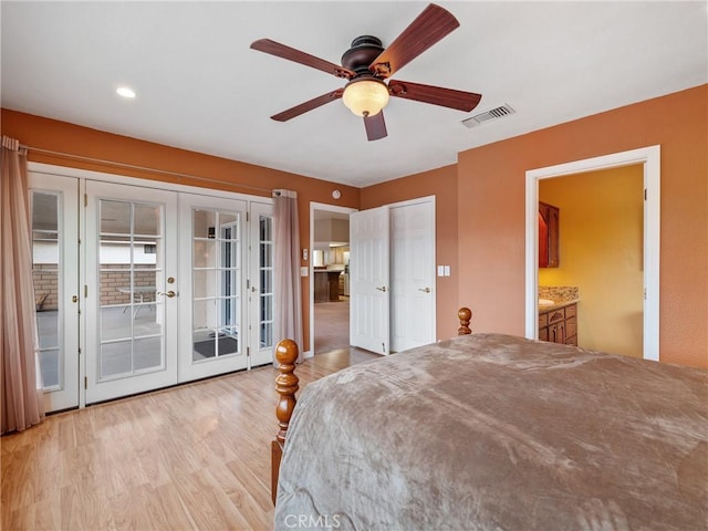 bedroom with access to outside, ceiling fan, light hardwood / wood-style floors, ensuite bath, and french doors