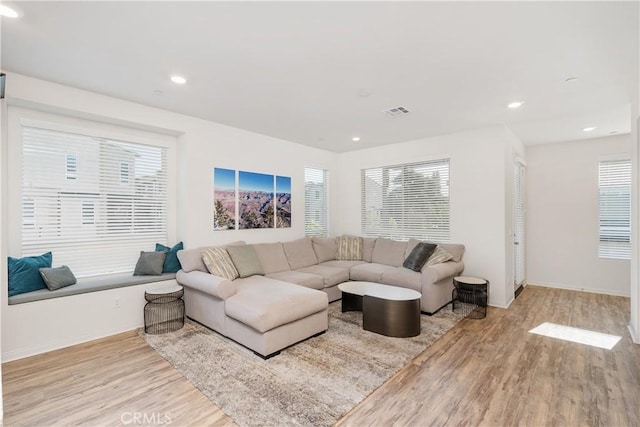 living room featuring plenty of natural light and light wood-type flooring