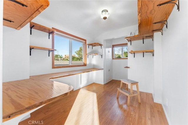 interior space featuring vaulted ceiling and light hardwood / wood-style floors