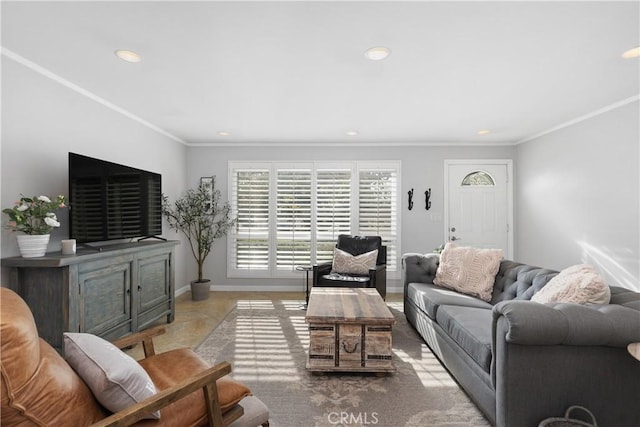 tiled living room featuring ornamental molding