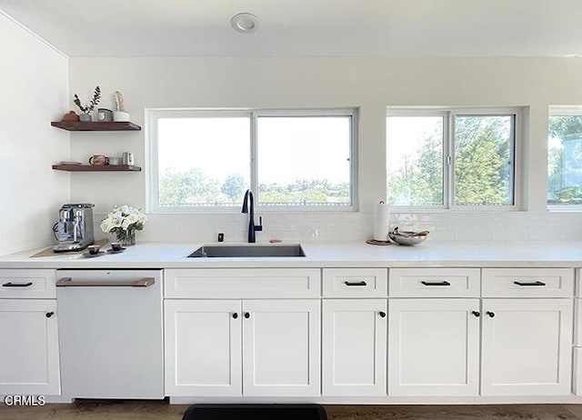 kitchen with sink, white cabinets, and dishwasher