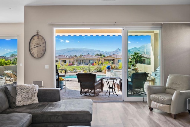 doorway to outside featuring a mountain view and light hardwood / wood-style flooring