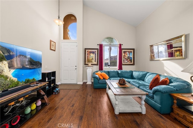 living room with dark hardwood / wood-style flooring and high vaulted ceiling